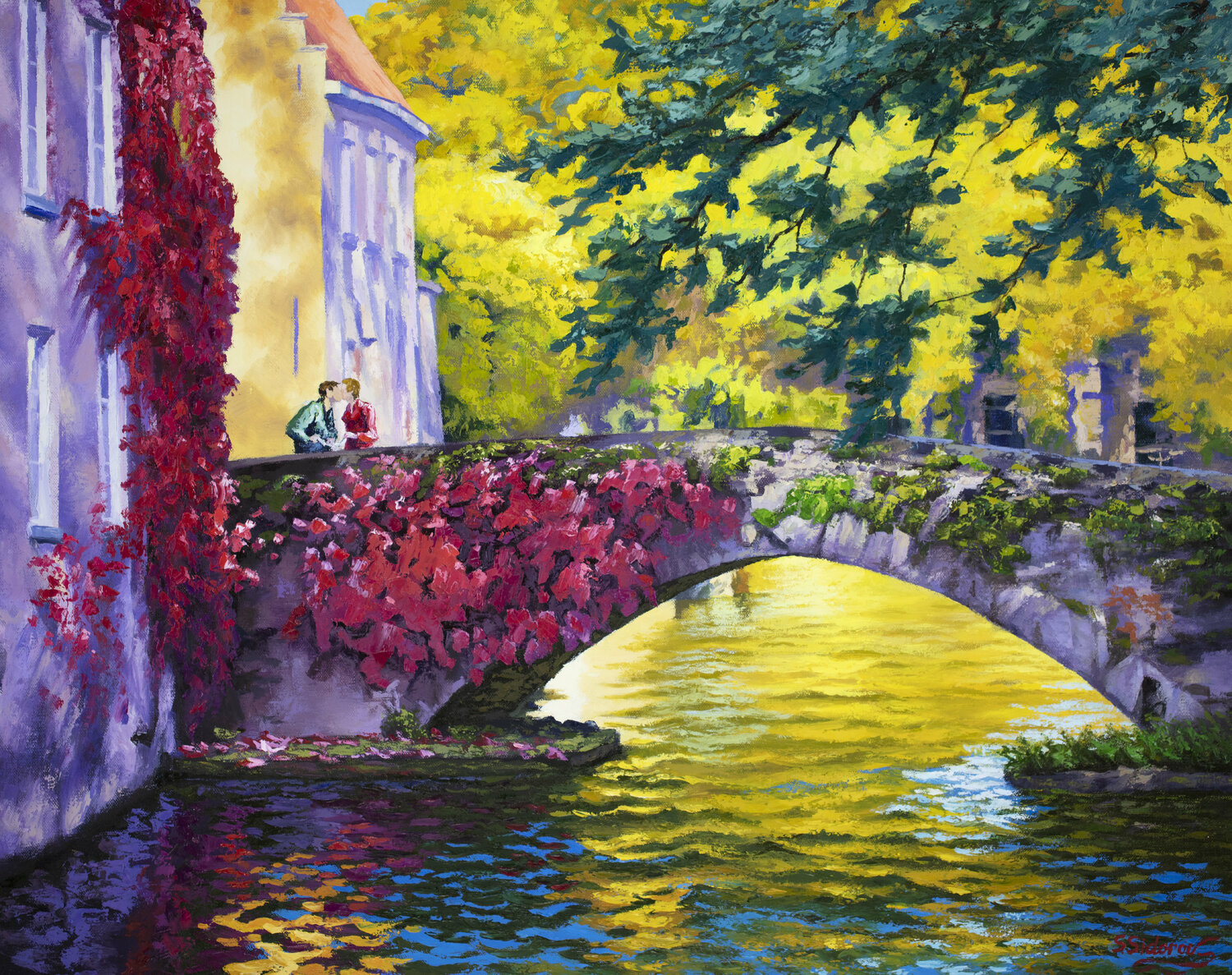 Rendezvous on Bridge. Canal in Bruges, Belgium. Stanislav Sidorov Dipinto originale in vendita