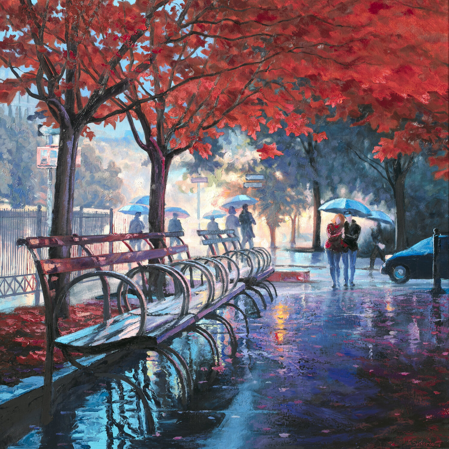 Red Fall Alley. Greenwich Village Manhattan. Stanislav Sidorov Originalgemälde zu verkaufen
