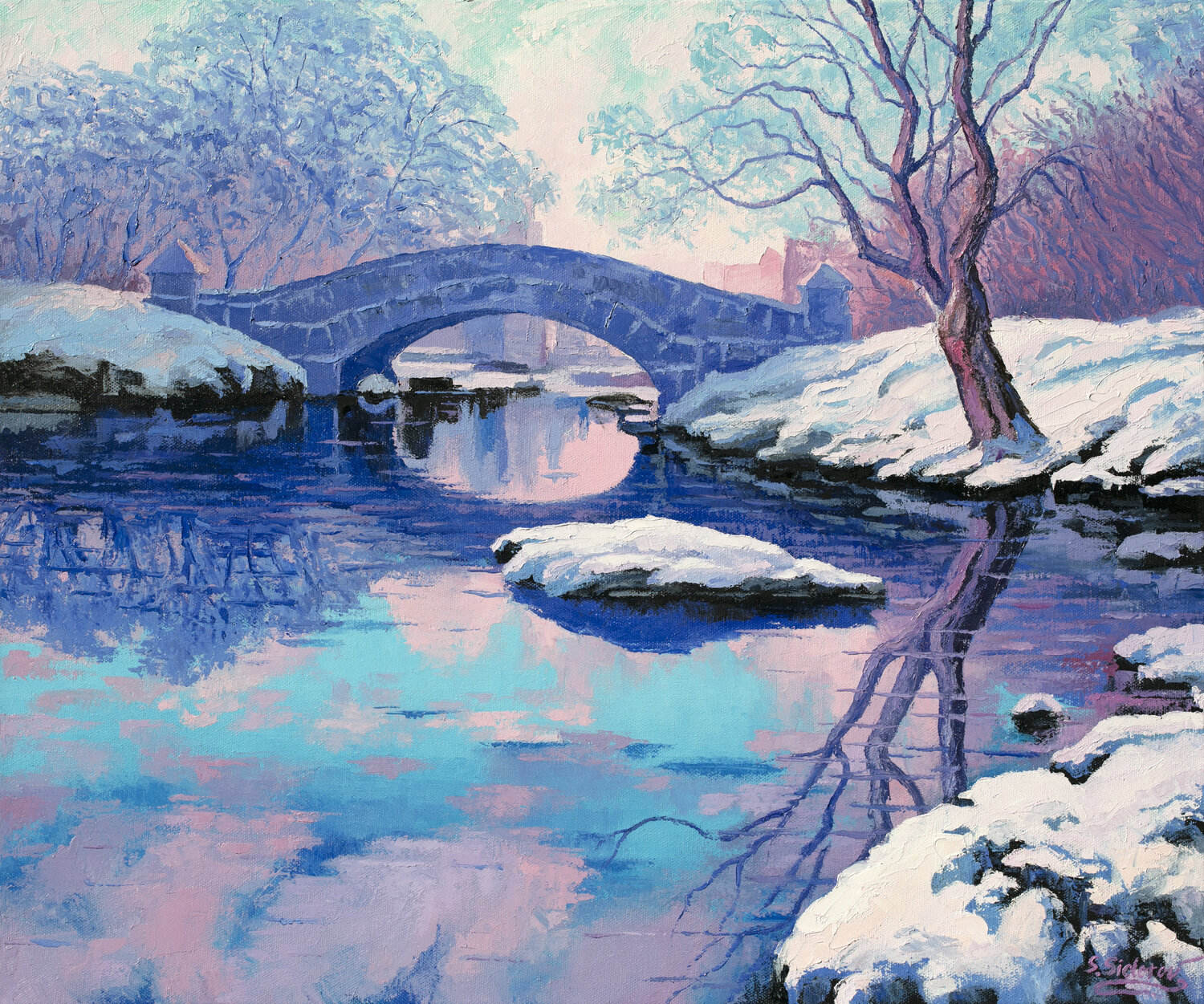 Frosty Twilight Gapstow Bridge Central park New York Stanislav Sidorov Originalgemälde zu verkaufen