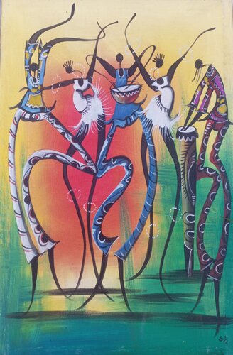 African rhythms and dance, Africa art gallery, African art pieces, African art drawing, African wall art for living room, modern African wall art, abstract African wall art, musicians wall art, African musicians painting, African dancers painting by Jafeth Moiane, Painting for Sale on Singulart