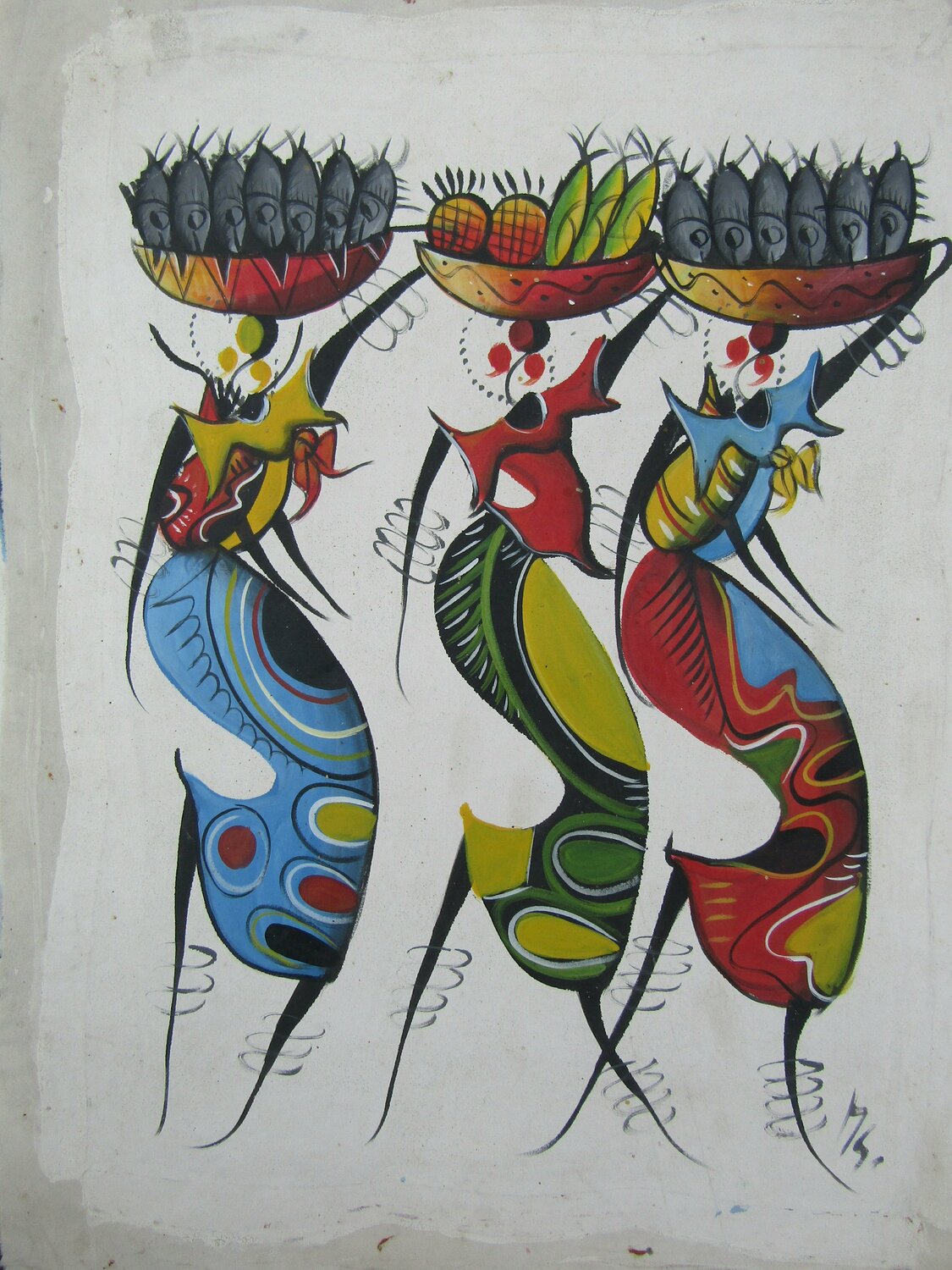 African women carrying fish and fruit baskets painting, African women