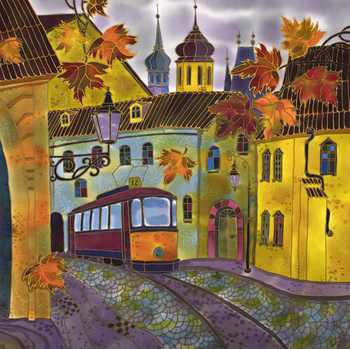 Falling leaves. Street in Prague van Yelena Sidorova, Schilderij te koop op Singulart