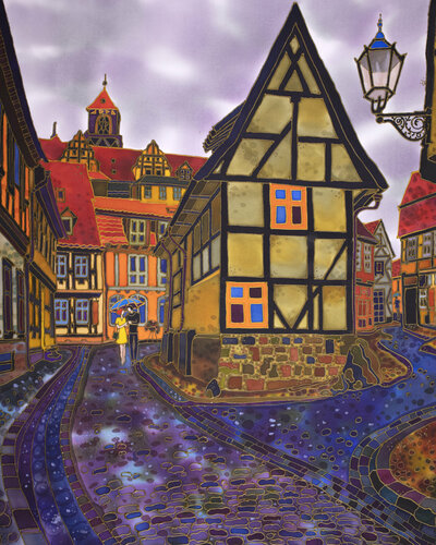 Old town after the rain. Finkenherd building, Quedlinburg Germany. van Yelena Sidorova, Schilderij te koop op Singulart