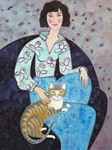 Girl and Green Eyed Cat. van Yelena Sidorova, Schilderij te koop op Singulart