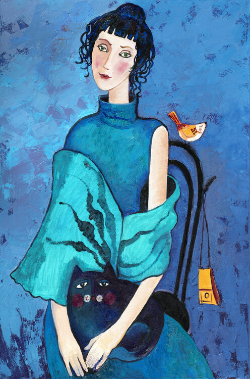 French Girl and Black cat Yelena Sidorova