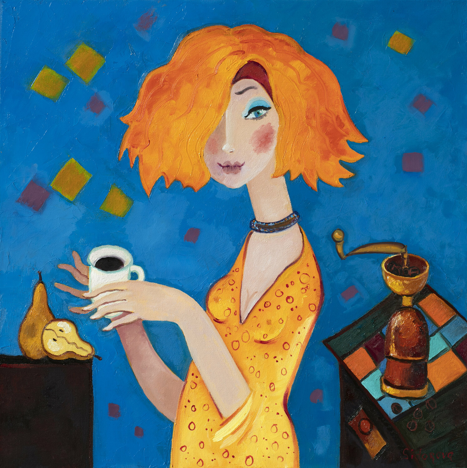 Morning Coffee. French Girl Yelena Sidorova Originalgemälde zu verkaufen