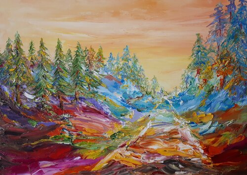 Waldweg in der Abendsonne van Kerstin Meyer, Schilderij te koop op Singulart