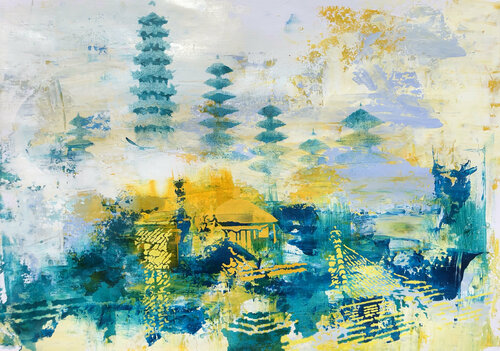 Flight Of The Petulu Heron. Pura Besakih, Bali. by Phil Davis, Painting for Sale on Singulart
