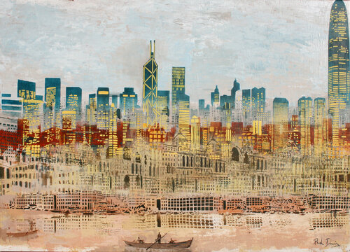 The Time Lapse. The Hong Kong skyline through the decades. Manulife Version van Phil Davis, Schilderij te koop op Singulart