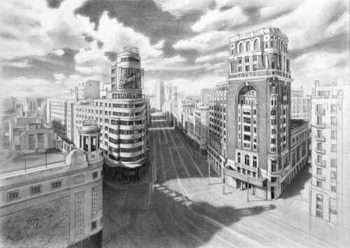 La Gran Vía desde Callao van Javier Ramos Julián, Tekening te koop op Singulart