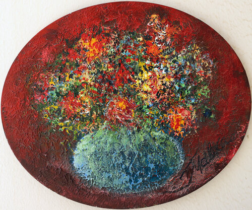 Flowers in Blue Vase - oval di Malka Tsentsiper, Pittura in vendita su Singulart