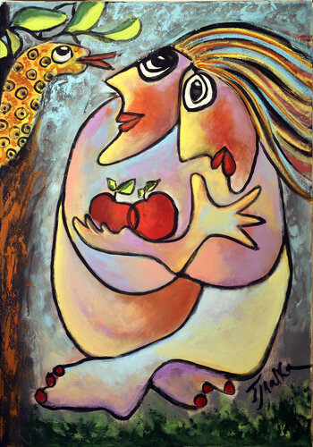 Apples of knowledge and serpent - the teacher and seducer von Malka Tsentsiper, Malerei kaufen auf Singulart