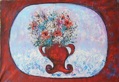 Single Flower Vase in Red Enclosure di Malka Tsentsiper, Pittura in vendita su Singulart