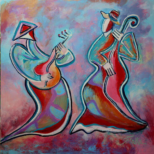 Musicians in Blue and Pink van Malka Tsentsiper, Schilderij te koop op Singulart