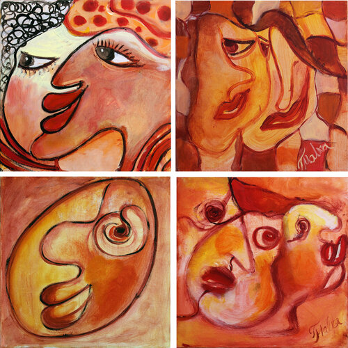Masks - Example of quadruptych evaluation of four masks. di Malka Tsentsiper, Pittura in vendita su Singulart