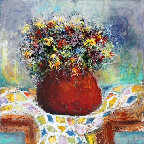 Flowers in a Pot on Checkered Tablecloth by Malka Tsentsiper, Painting for Sale on Singulart