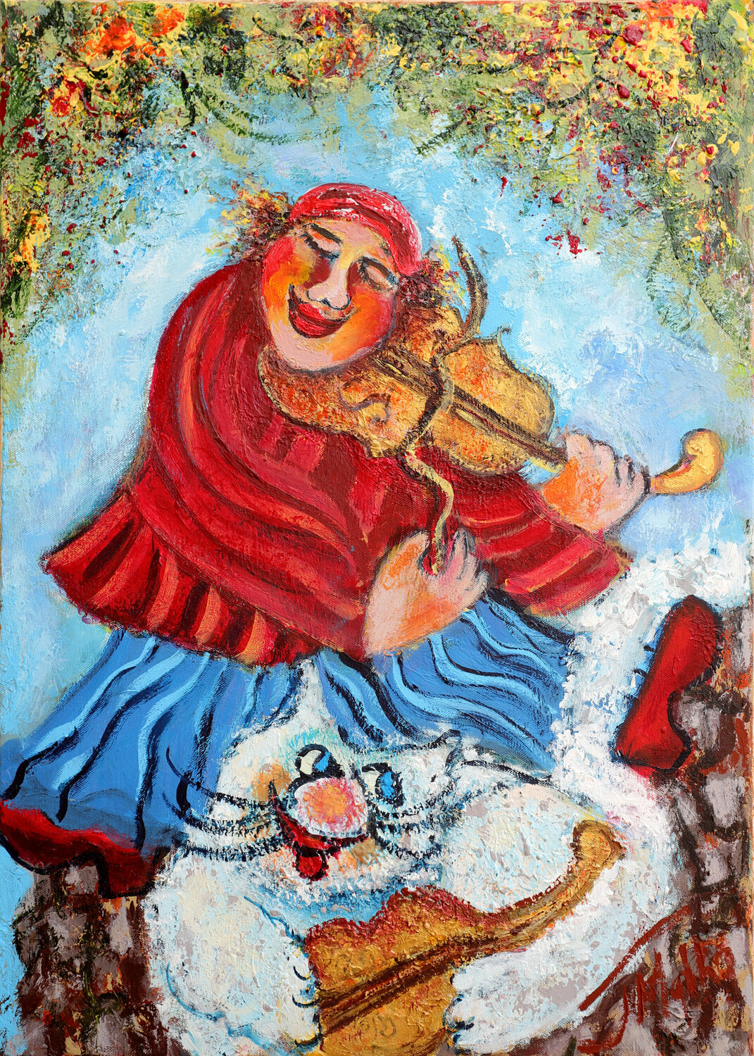 Fiddler on the Roof with Cat - 2 Malka Tsentsiper Originalgemälde zu verkaufen