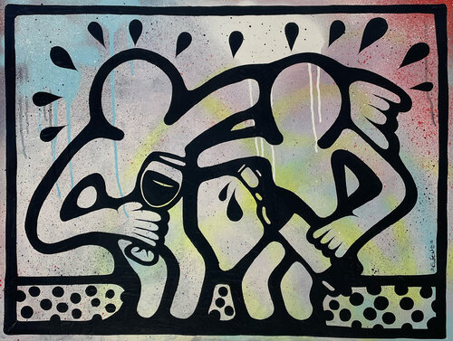 Sipping Buddies: a Wine Tribute to Keith Haring van Ewen Gur, Schilderij te koop op Singulart