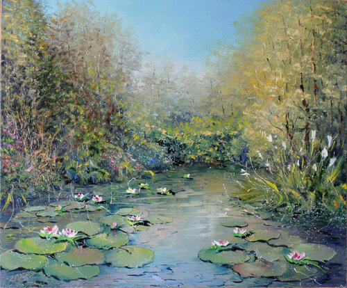 Les nénuphars aux iris blancs by Jacques Majos, Painting for Sale on Singulart