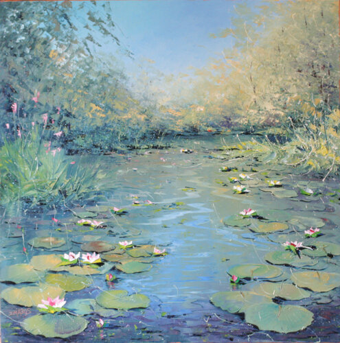 Nénuphars aux iris mauves de Jacques Majos, Pintura a la venta en Singulart