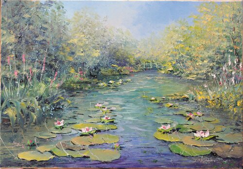 Petit pont aux nénuphars di Jacques Majos, Pittura in vendita su Singulart