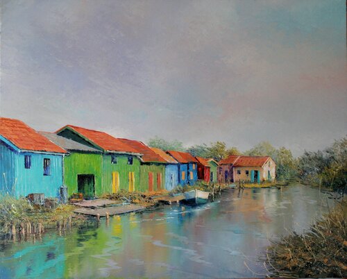Baraques au bord du chenal by Jacques Majos, Painting for Sale on Singulart