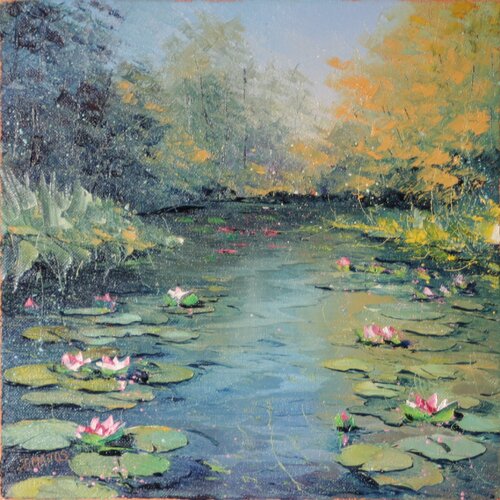 Nénuphars aux iris mauves van Jacques Majos, Schilderij te koop op Singulart