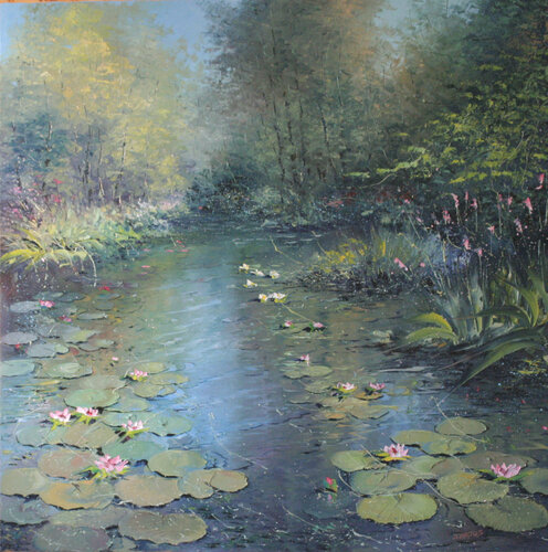 Les nénuphars roses et blancs di Jacques Majos, Pittura in vendita su Singulart