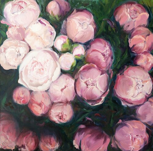 100x100 cm - Peonies - Blooms of Tranquility: A Floral Symphony in Pink Green Pink peonies Floral artwork Nature-inspired painting Botanical art Flower bouquet van Victo, Schilderij te koop op Singulart