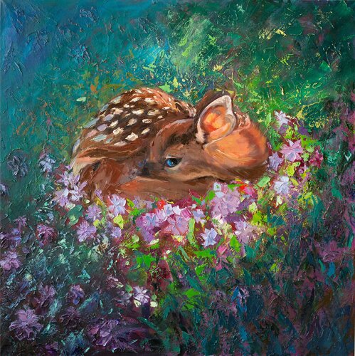 Solitude. Serene Fawn Repose – Original Oil Painting on Canvas – 40x40” Nature-Inspired Artwork van Victo, Schilderij te koop op Singulart