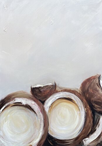 100x70 cm - Coconut’s - Vibrant Coconuts Tropical painting Contemporary artwork Vertical Painting Coconut Dreams Realistic Flora Ready to Hang Rich Texture Canvas Art van Victo, Schilderij te koop op Singulart