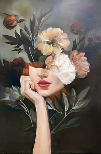 120x80 cm - Garden of Thoughts - Floral Art Botanical Artwork Contemporary Portrait Woman With Flowers GardenInspired Art Figurative Art Nature Painting Blossom Portrait by Victo, Painting for Sale on Singulart