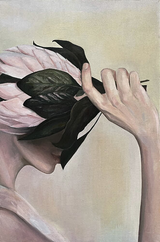 120x80 cm - Inner World - Floral Portrait Nature and Human Connection Minimalist Art Contemporary Realism Soft Pink Flower Subtle Beige Background Light Grays Deep Green Leaves van Victo, Schilderij te koop op Singulart