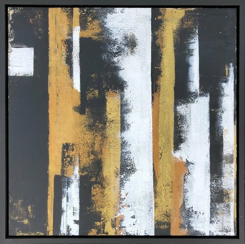 Original painting of golden rhythm industrial harmony geometric movement monochromatic flow abstraction shimmering Lines textured van Victo, Schilderij te koop op Singulart