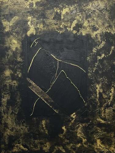 Luxurious Black & Gold Abstract Textured Artwork – Modern Metallic Wall Art, 3D Canvas, Gold Leaf Accents, Unique Statement Piece van Victo, Schilderij te koop op Singulart