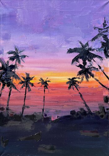 100x70cm - The silence of the sunset Tropical Twilight Exotic Sunset Escape Paradise Palms Beachside Bliss Bali Beach Twilight Tropical Coastal Retreat Colorful Artwork Hand-painted Ready to Hang Rich Texture van Victo, Schilderij te koop op Singulart