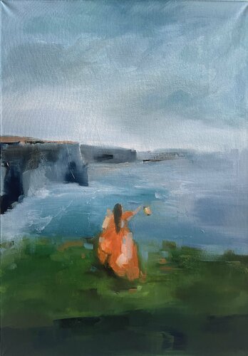 THE SEEKER A Lantern by the Sea Coastal Magic Girl with a Lantern Lantern by the Seashore Mystical Beacon Ethereal Cliffside Highland Journey Canvas Art Hand-painted Ready to Hang van Victo, Schilderij te koop op Singulart