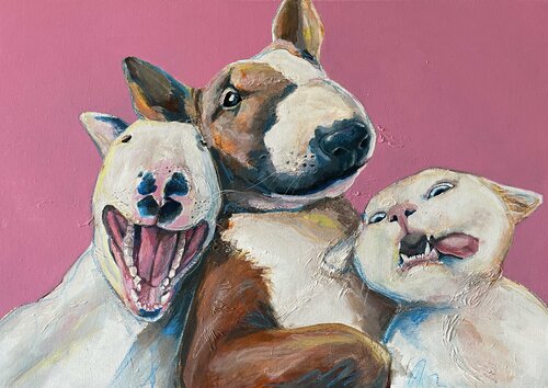 Friends Fur-ever – Quirky Dog & Cat Portrait – Playful Pink Animal Artwork  Best Buddies Pet Portrait Forever Friends Joyful Company True Companions Inseparable Trio Four-legged Pals Hand-painted Ready to Hang Canvas Art Cherished Bond Paws and Whiskers van Victo, Schilderij te koop op Singulart