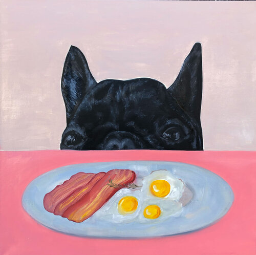 70x70 cm - Vegan - Food for the Soul: A Colorful French Bulldog Delight The Joy of Food: A Black Dog's Temptation Body Positive Breakfast Modern Wall Decor Ready to Hang van Victo, Schilderij te koop op Singulart