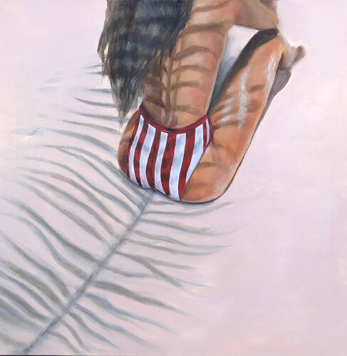 70x70 cm - FEEL SAFE Original Painting of Girl on the Beach Hand-painted Ready to Hang Rich Texture Modern Wall Decor Canvas Art Nude Girl on the Sand Pastel Colours van Victo, Schilderij te koop op Singulart