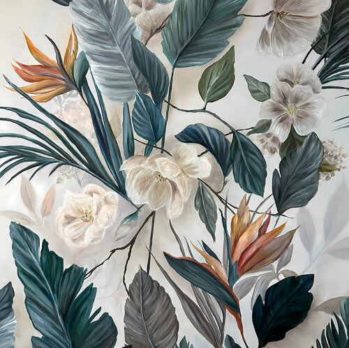 140x140 cm - Botany - Blooming Diversity Botanical Bouquet Tropical Spring Modern Blooming Realistic Flora Blossoming Botanicals Nature's Palette Hand-painted Ready to Hang van Victo, Schilderij te koop op Singulart