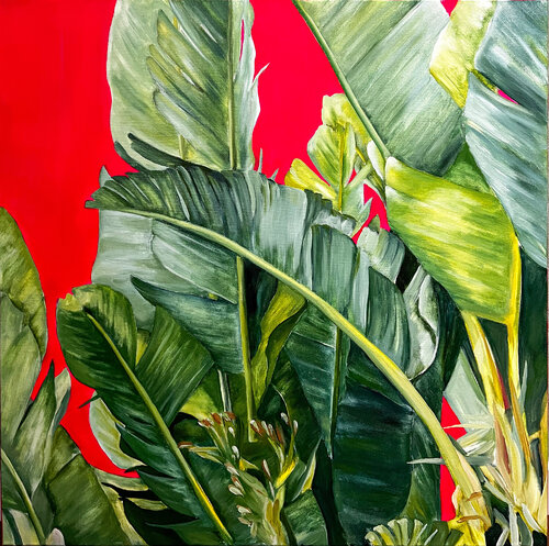 Exotic Jungle Serenity - Tropical Leaves Wall Art - Vibrant Red and Green Botanical Decor van Victo, Schilderij te koop op Singulart