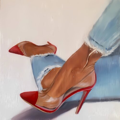 Red heels Original Oil Painting Blue Jeans Woman Legs Legs Woman Red heels Hand-painted Wall Art Luxurious Texture Modern Message Gift Ready to Hang van Victo, Schilderij te koop op Singulart