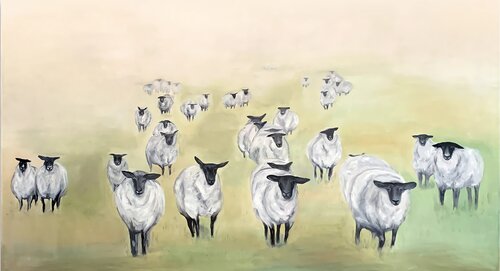 180x100 cm - White Sheep - Realistic Minimalistic farm Animal Painting Wall large Painting Scotland van Victo, Schilderij te koop op Singulart