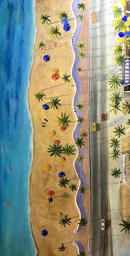 250x130 cm - Miami Bliss: Aerial Beach Escape van Victo, Schilderij te koop op Singulart