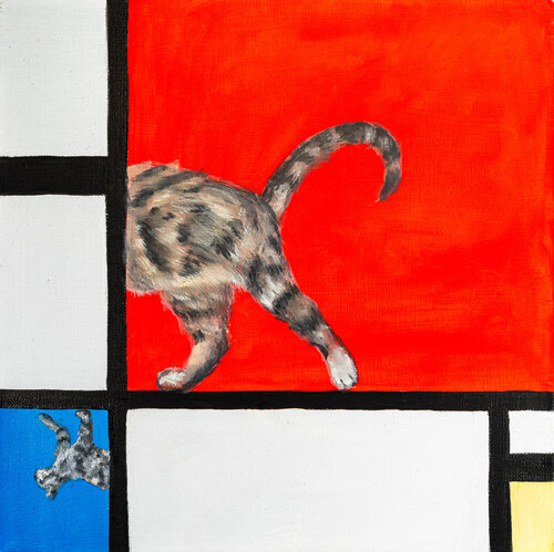 Grid Breaker – Cat in Abstract Composition –  Feline Abstraction: A Mondrian-Inspired Mischief Oil painting with catAbstract animal art Modernist cat painting Contemporary wall art van Victo, Schilderij te koop op Singulart