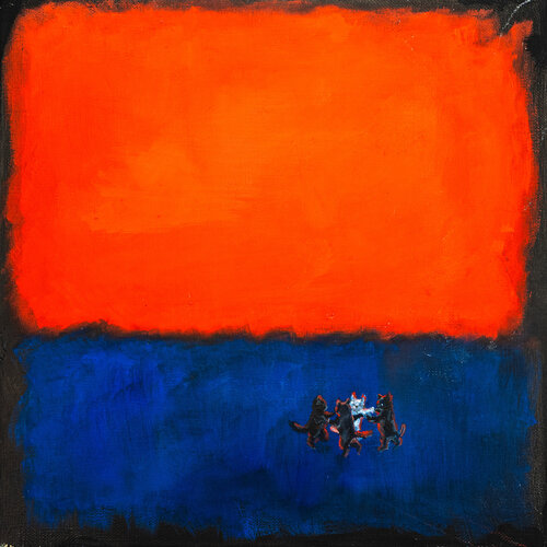 Feline Zenith: The Rothko-inspired Whimsy Orange and Blue Abstract Whimsical Cat Company Emotive Color Field van Victo, Schilderij te koop op Singulart