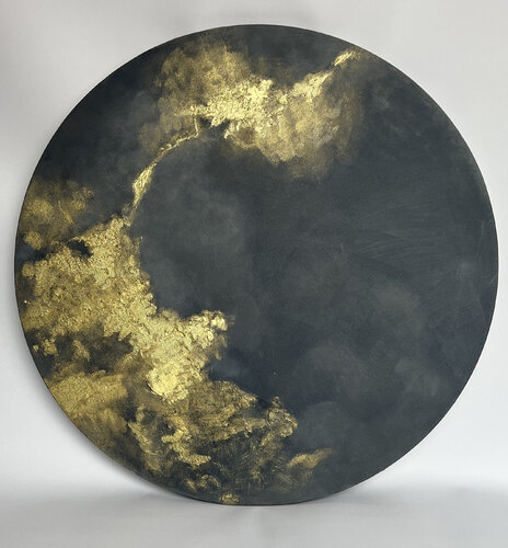 Cosmic dreamscape round abstract painting deep black texture elegant abstract painting textured black and gold ethereal round art van Victo, Schilderij te koop op Singulart