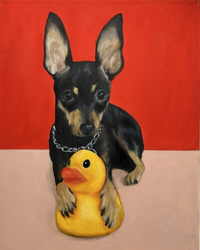 50x40 cm - Tiny King and His Duck - Pet Playtime, Humorous Hounds, Quirky Critters, Hand-painted, Animal Antics, Realistic Wall Decor, Canvas Art, Dog and Duck, Original Painting of Black Dog van Victo, Schilderij te koop op Singulart