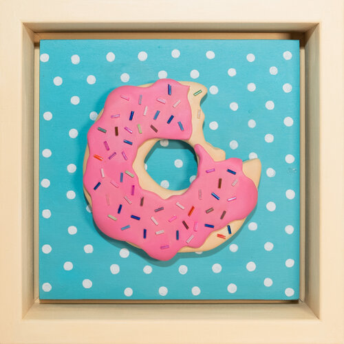 25x25cm(frame) - Melon donut - modern cafe decor whimsical wall art dessert-themed decor playful art for coffee shop pastel colors fun 3D decor van Victo, Schilderij te koop op Singulart